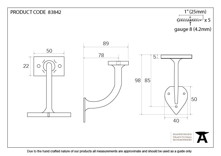 Black 3&quot; Handrail Bracket - 83842 - Technical Drawing