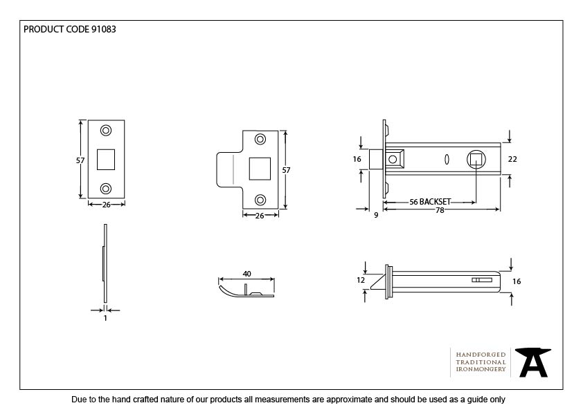 Black 3&quot; Tubular Mortice Latch - 91083 - Technical Drawing