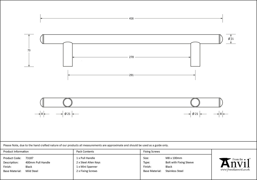 Black 400mm Pull Handle - 73187 - Technical Drawing