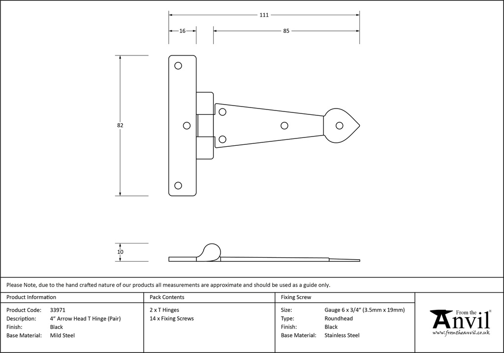 Black 4&quot; Arrow Head T Hinge (pair) - 33971 - Technical Drawing