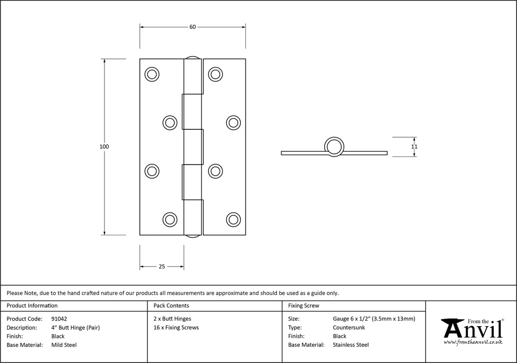 Black 4&quot; Butt Hinge (Pair) - 91042 - Technical Drawing