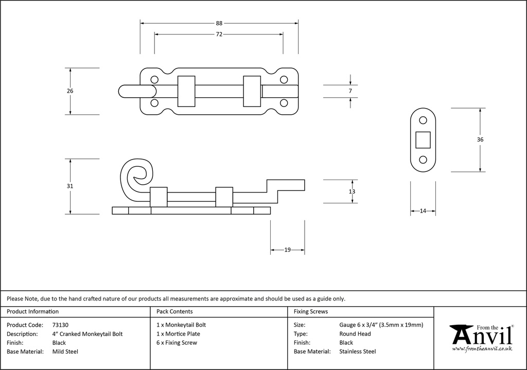 Black 4&quot; Cranked Monkeytail Bolt - 73130 - Technical Drawing