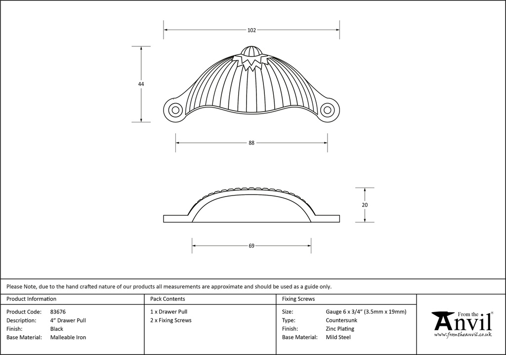 Black 4&quot; Flower Drawer Pull - 83676 - Technical Drawing