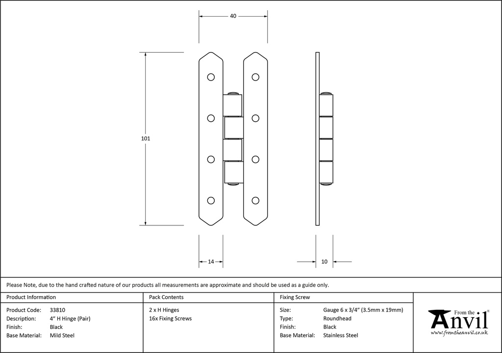 Black 4&quot; H Hinge (pair) - 33810 - Technical Drawing