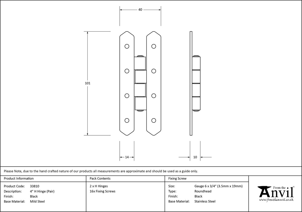 Black 4" H Hinge (pair) - 33810 - Technical Drawing