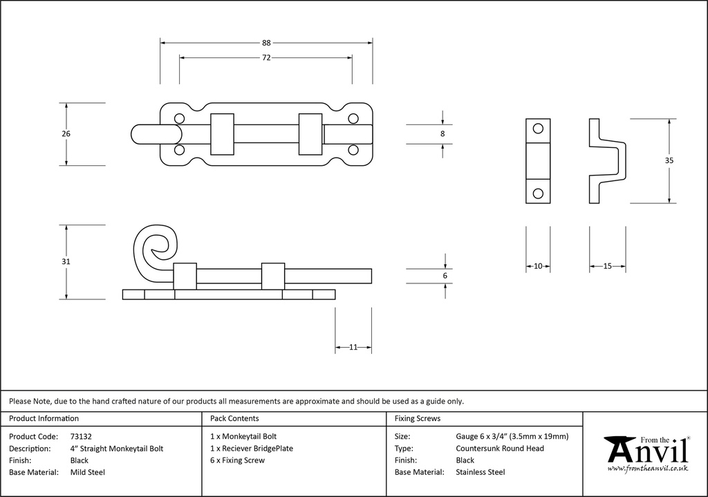 Black 4&quot; Straight Monkeytail Bolt - 73132 - Technical Drawing