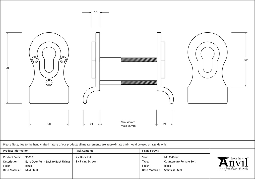 Black 50mm Euro Door Pull (Back to Back fixings) - 90039 - Technical Drawing