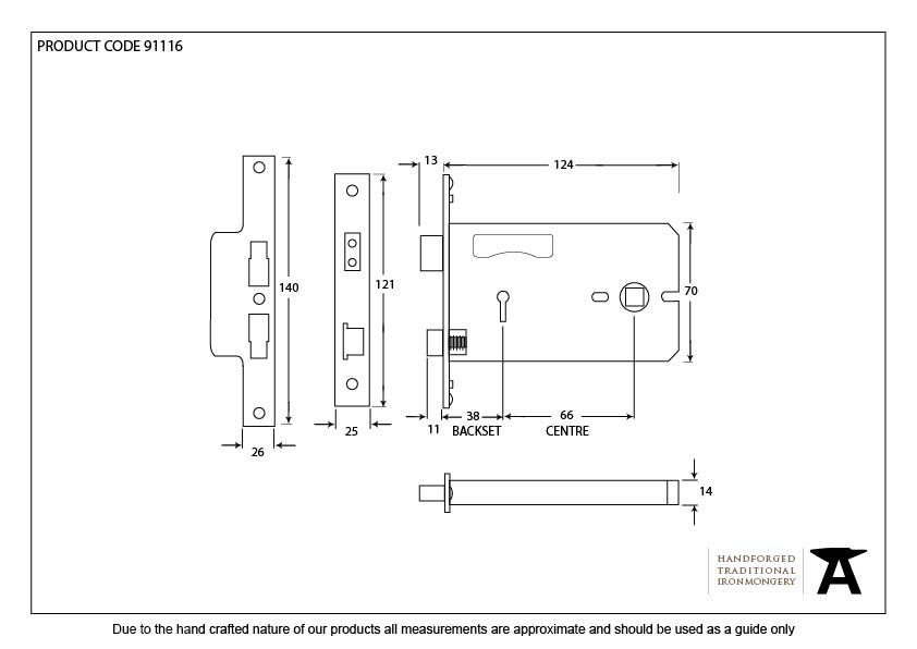 Black 5&quot; Horizontal 3 Lever Sash Lock - 91116 - Technical Drawing