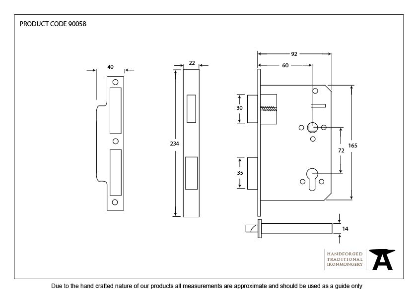 Black 60mm Backset 72mm Centre - Euro Sashlock - 90058 - Technical Drawing