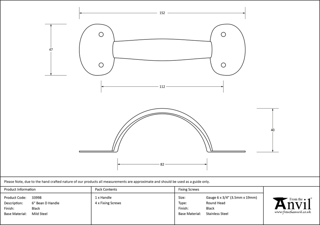 Black 6&quot; Bean D Handle - 33998 - Technical Drawing