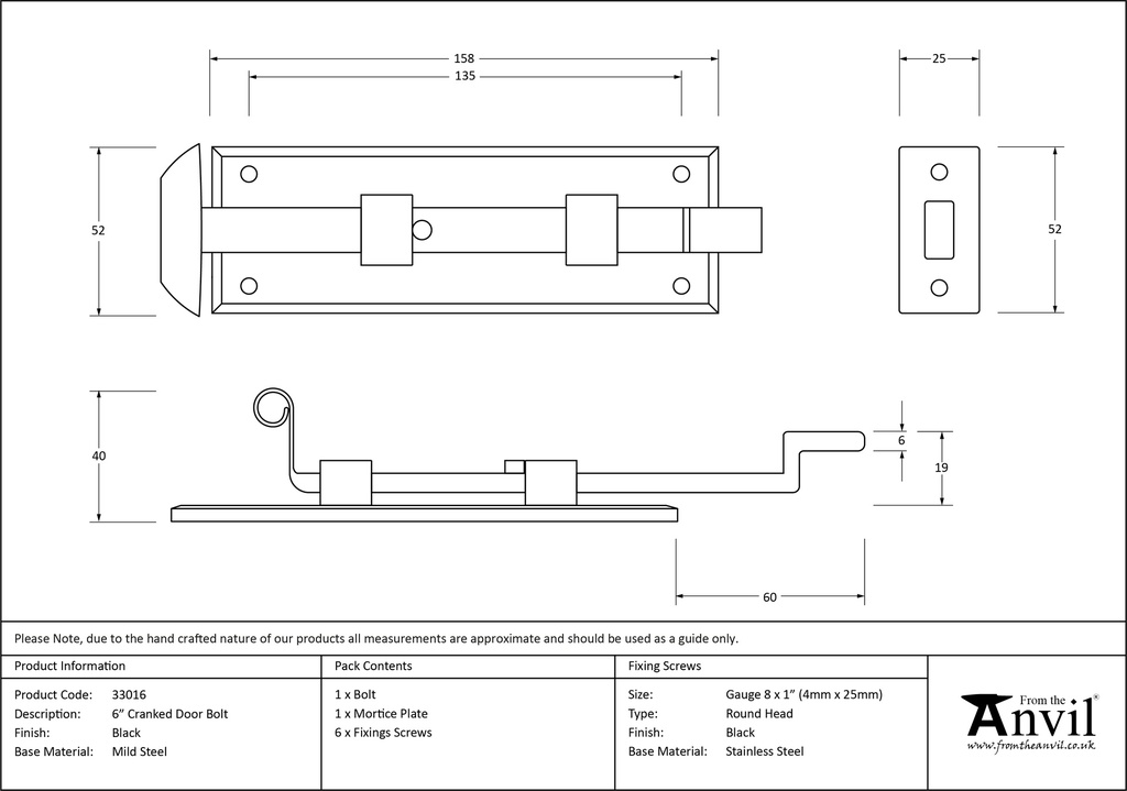 Black 6" Cranked Door Bolt - 33016 - Technical Drawing