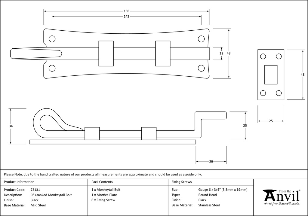 Black 6&quot; Cranked Monkeytail Bolt - 73131 - Technical Drawing