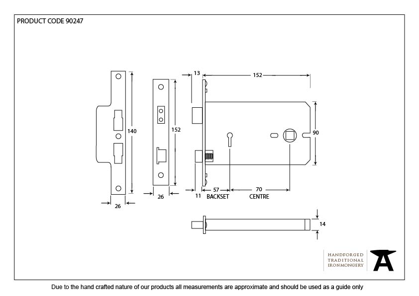 Black 6" Horizontal 5 Lever Sash Lock - 90247 - Technical Drawing