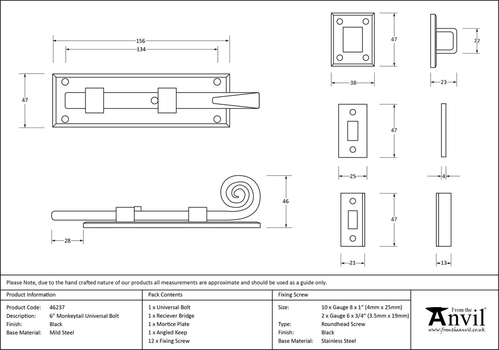 Black 6" Monkeytail Universal Bolt - 46237 - Technical Drawing