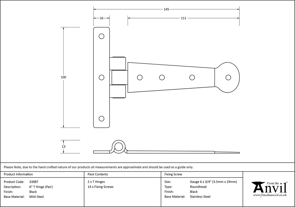 Black 6&quot; Penny End T Hinge (pair) - 33987 - Technical Drawing