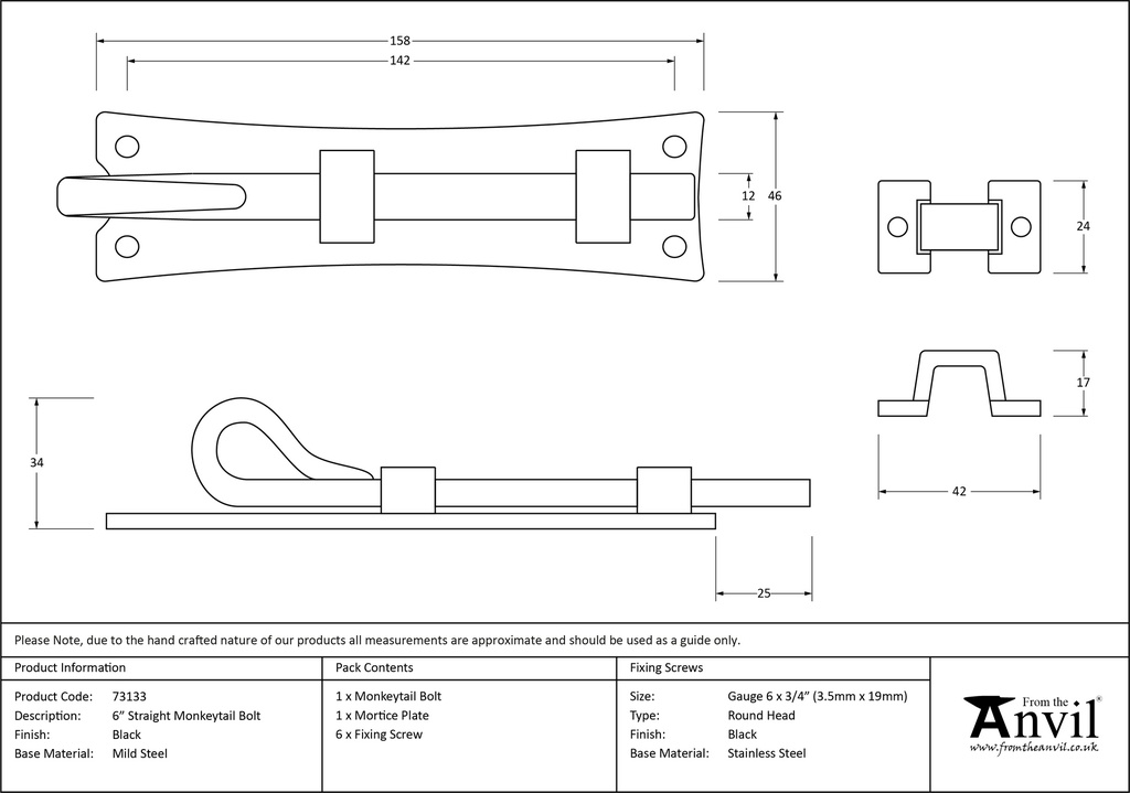 Black 6&quot; Straight Monkeytail Bolt - 73133 - Technical Drawing