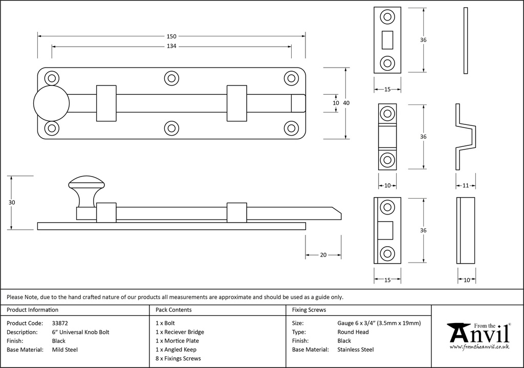 Black 6&quot; Universal Bolt - 33872 - Technical Drawing