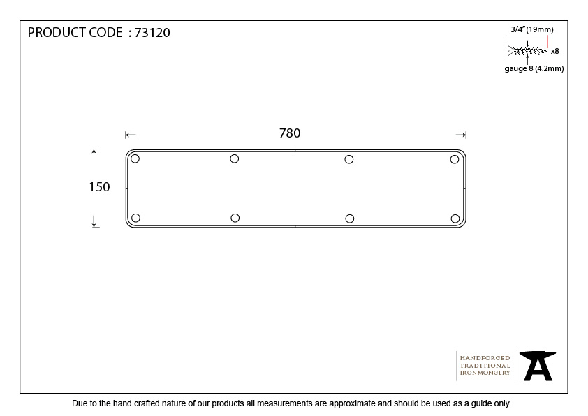 Black 780mm x 150mm Kick Plate - 73120 - Technical Drawing