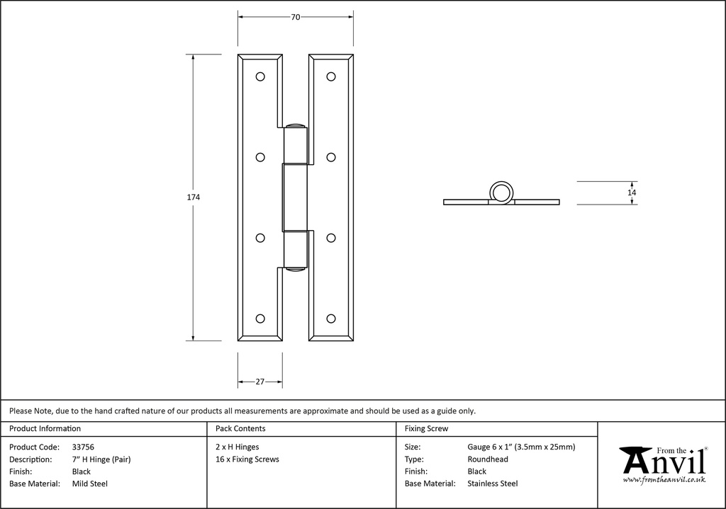 Black 7&quot; H Hinge (pair) - 33756 - Technical Drawing