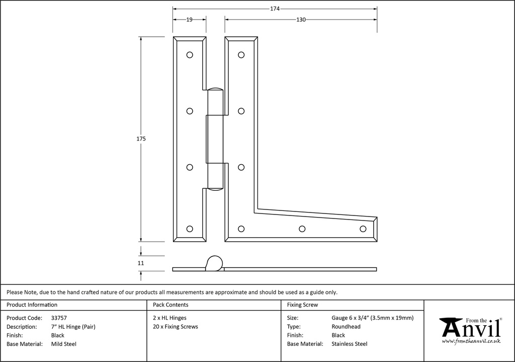 Black 7&quot; HL Hinge (pair) - 33757 - Technical Drawing