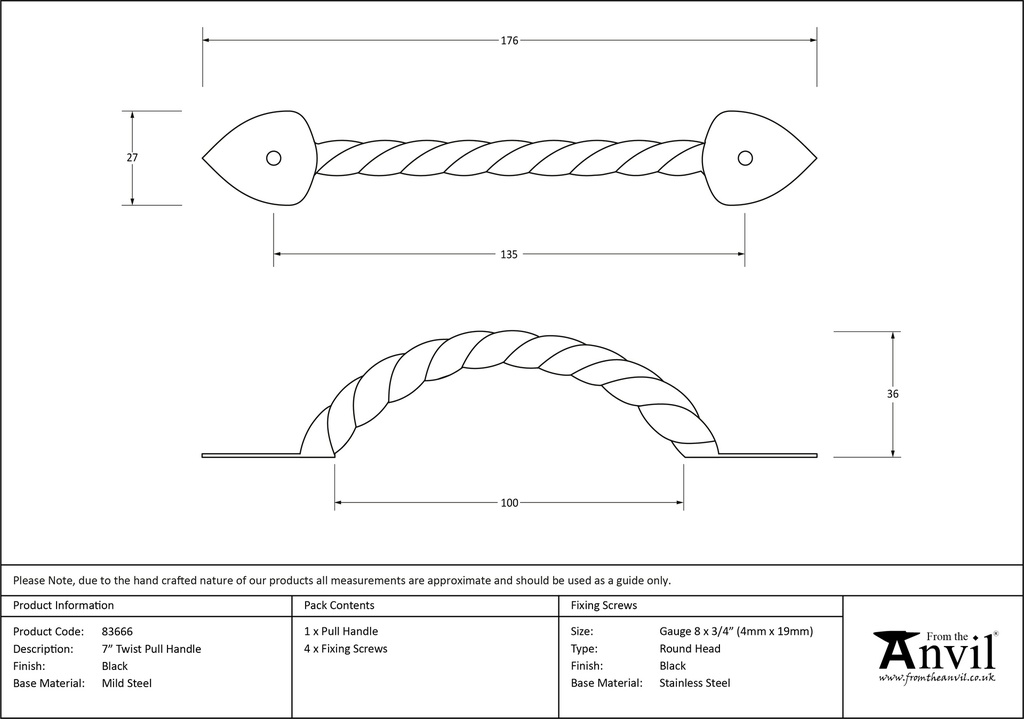 Black 7" Twist Pull Handle - 83666 - Technical Drawing