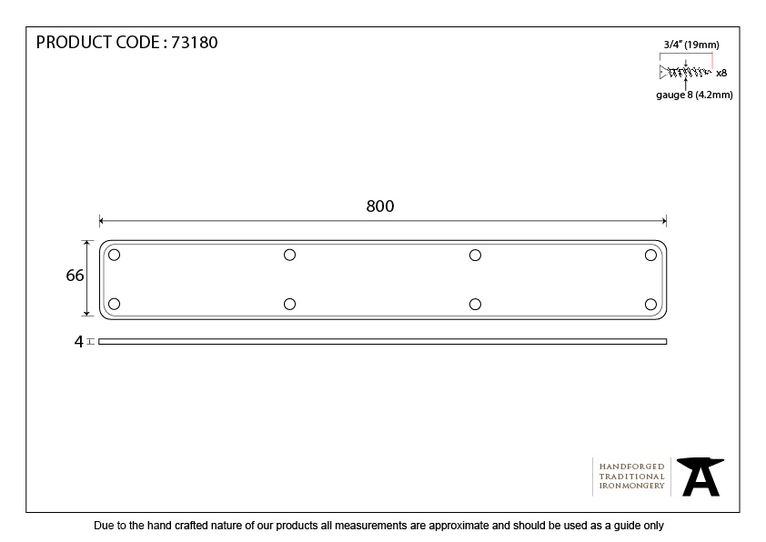 Black 800mm Plain Fingerplate - 73180 - Technical Drawing