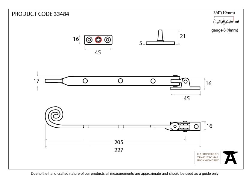 Black 8&quot; Cast Monkeytail Stay - 33484 - Technical Drawing