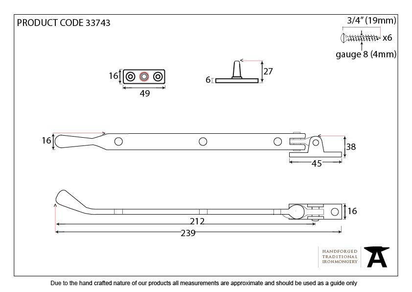 Black 8" Cast Peardrop Stay - 33743 - Technical Drawing