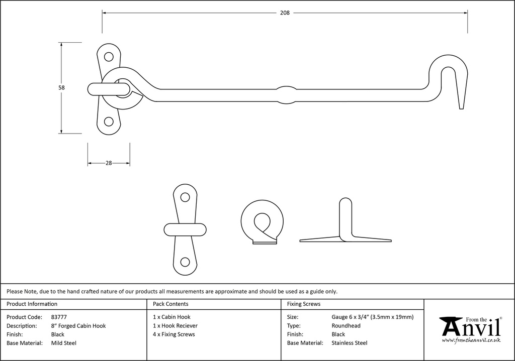 Black 8&quot; Forged Cabin Hook - 83777 - Technical Drawing