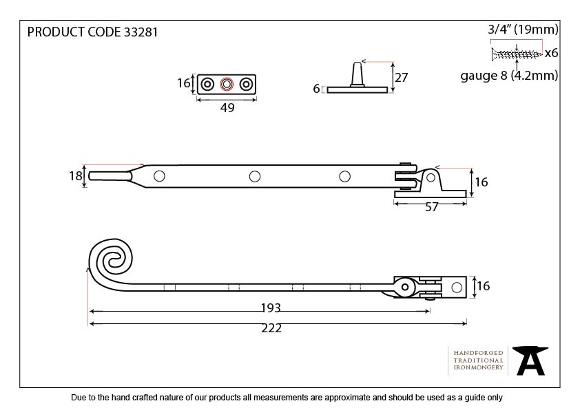 Black 8&quot; Handmade Monkeytail Stay - 33281 - Technical Drawing