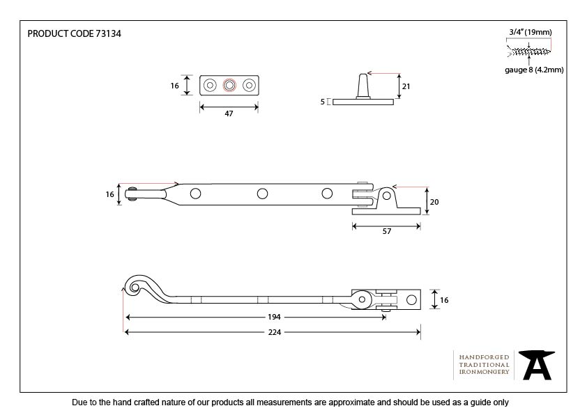 Black 8&quot; Rose Head Stay - 73134 - Technical Drawing
