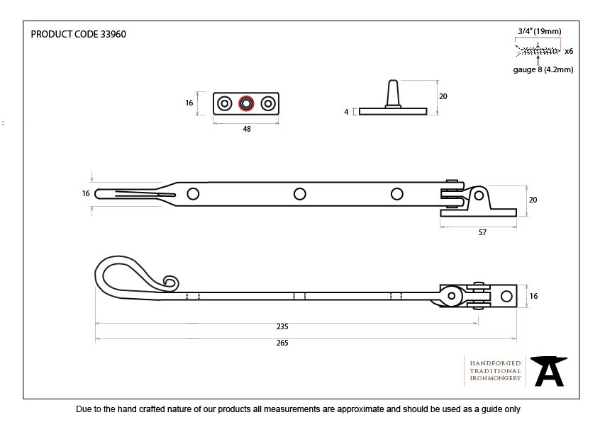 Black 8&quot; Shepherd's Crook Stay - 33960 - Technical Drawing