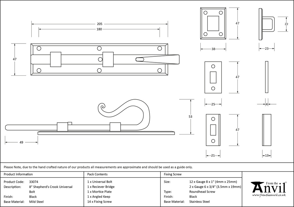 Black 8" Shepherd's Crook Universal Bolt - 33074 - Technical Drawing