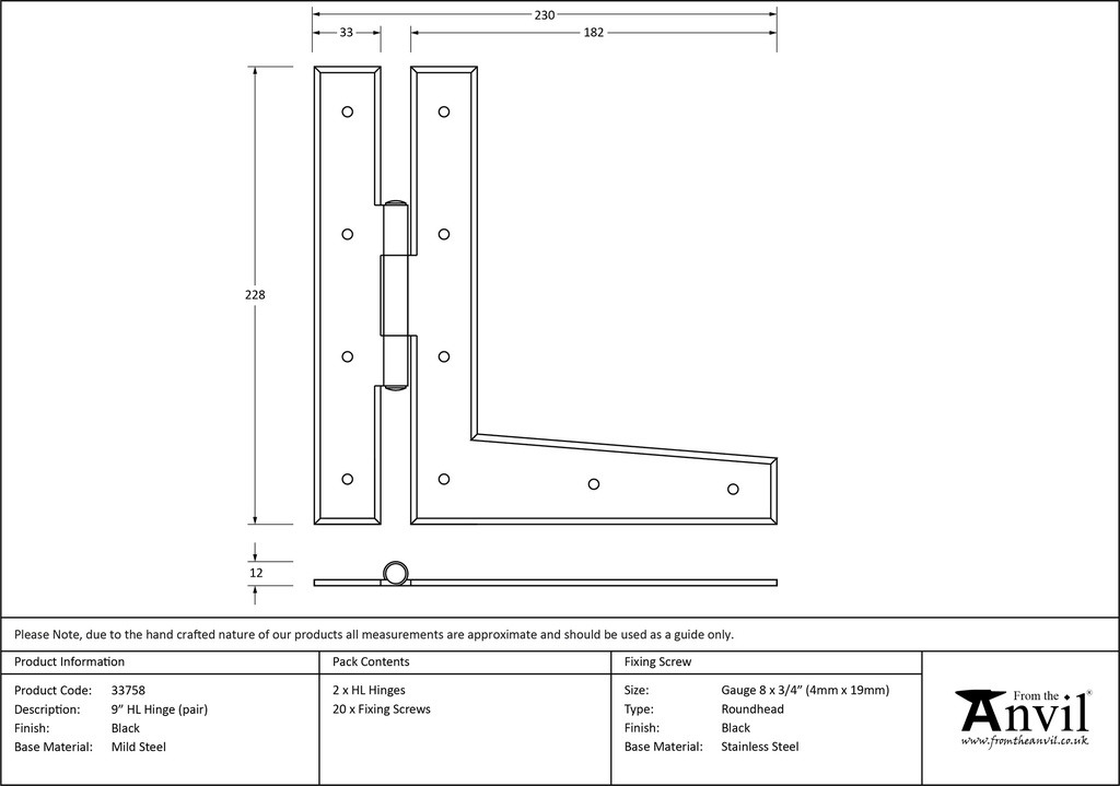 Black 9&quot; HL Hinge (pair) - 33758 - Technical Drawing