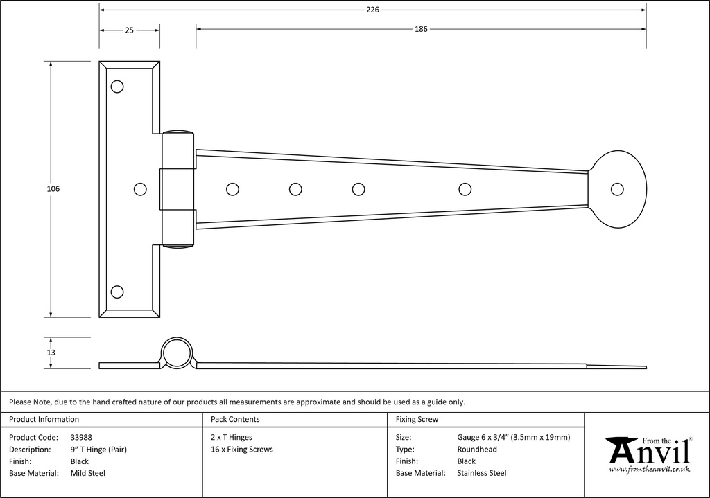 Black 9&quot; Penny End T Hinge (pair) - 33988 - Technical Drawing