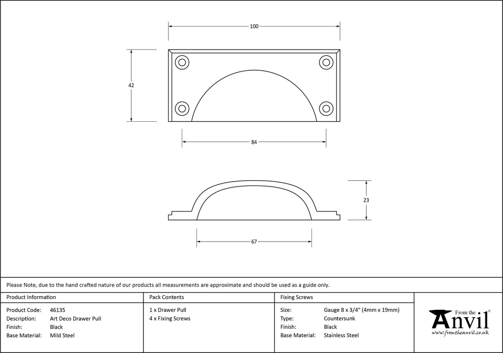 Black Art Deco Drawer Pull - 46135 - Technical Drawing