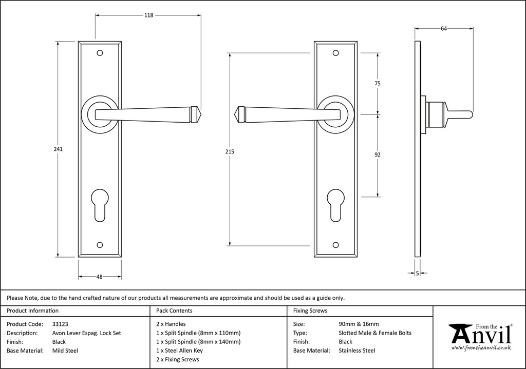 Black Avon Lever Espag. Lock Set - 33123 - Technical Drawing