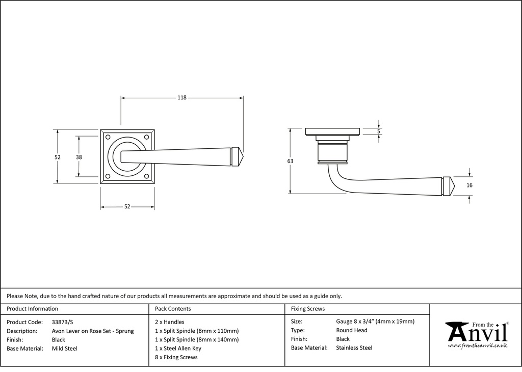 Black Avon Lever on Rose Set Sprung - 33873/S - Technical Drawing