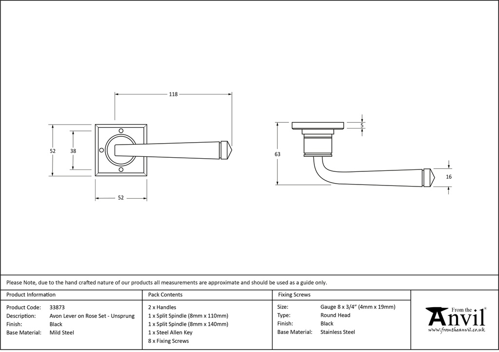 Black Avon Lever on Rose Set Unsprung - 33873 - Technical Drawing