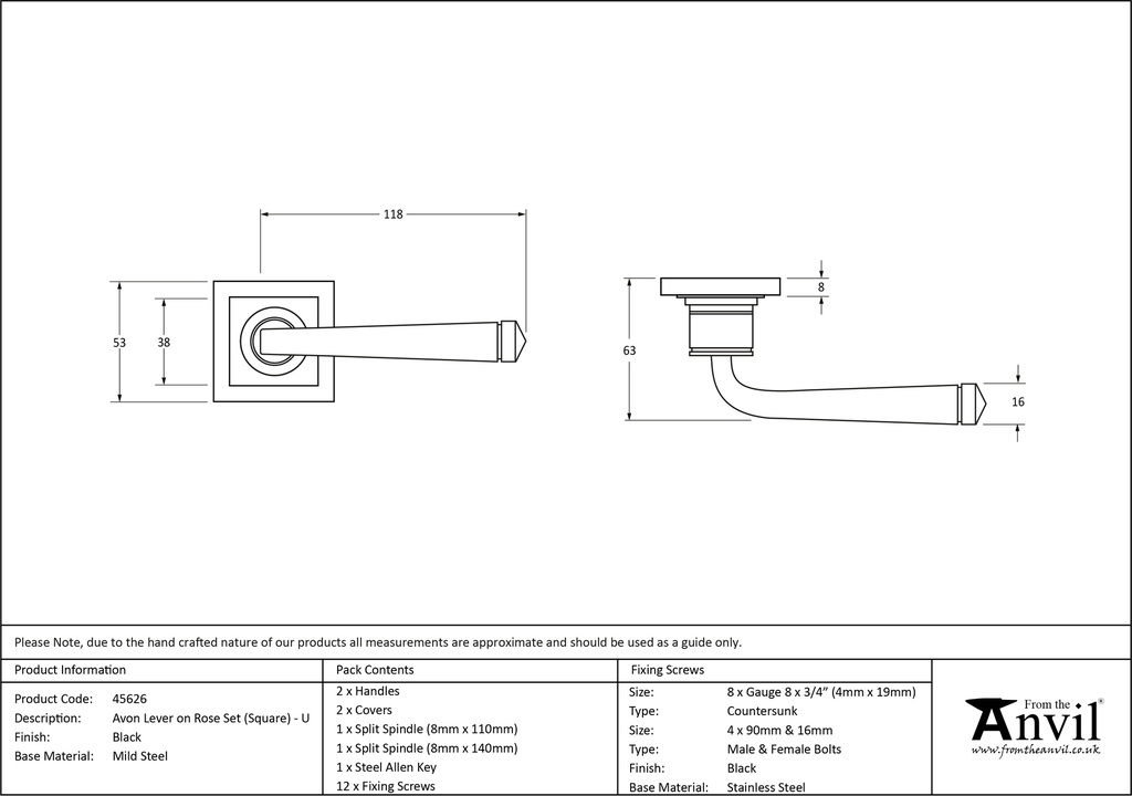 Black Avon Round Lever on Rose Set (Square) - Unsprung - 49960 - Technical Drawing