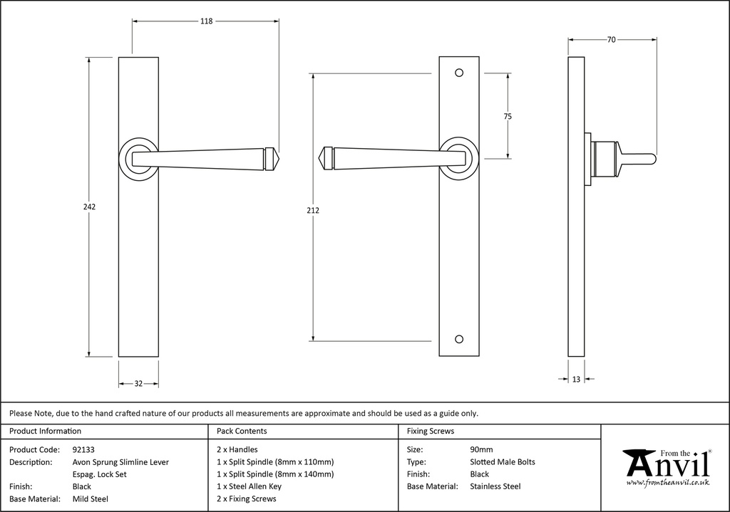 Black Avon Slimline Lever Latch Set - 92133 - Technical Drawing