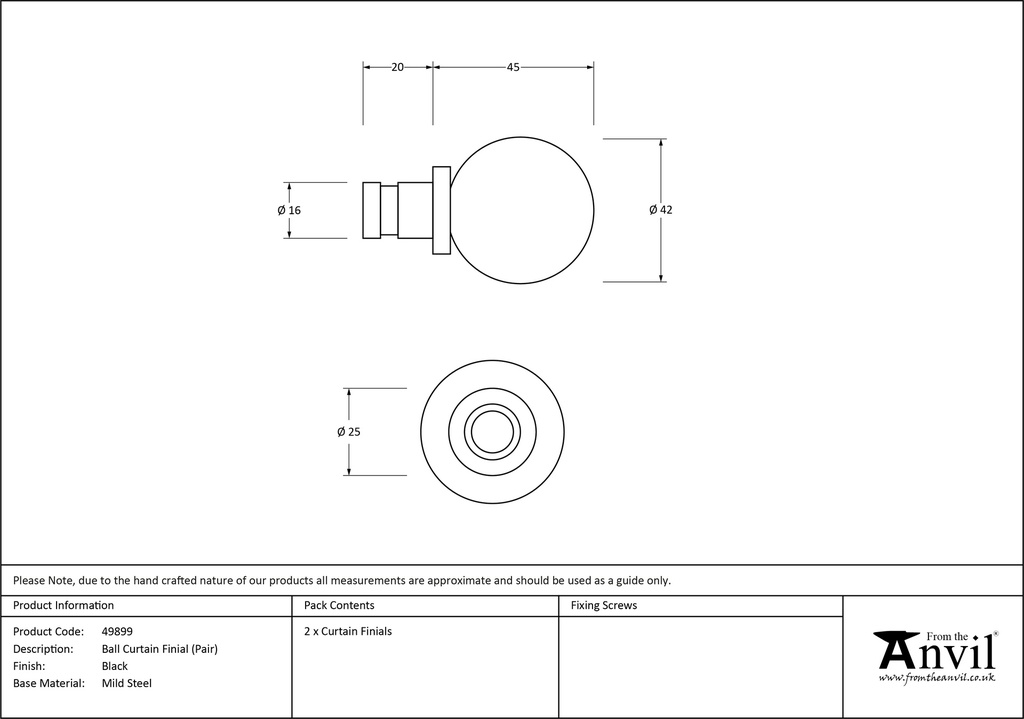 Black Ball Curtain Finial (pair) - 49899 - Technical Drawing