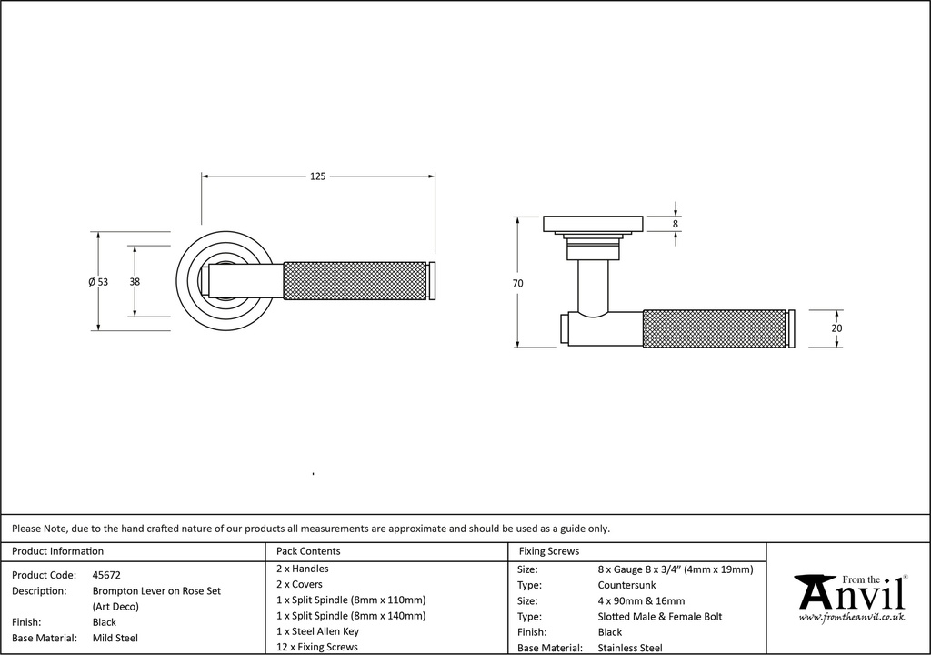 Black Brompton Lever on Rose Set (Art Deco) - 45672 - Technical Drawing