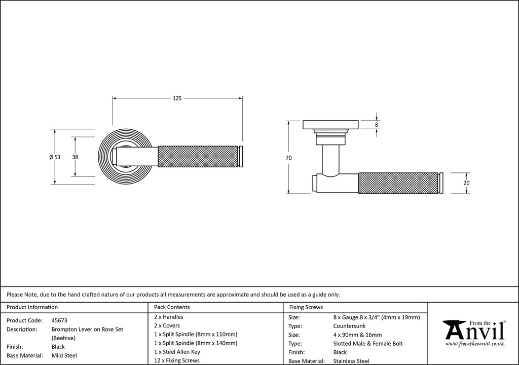 Black Brompton Lever on Rose Set (Beehive) - 45673 - Technical Drawing