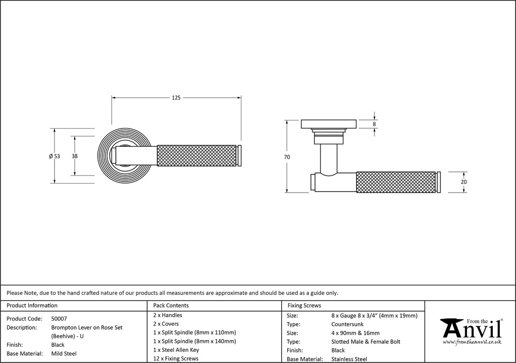 Black Brompton Lever on Rose Set (Beehive) - Unsprungnsprung - 50007 - Technical Drawing