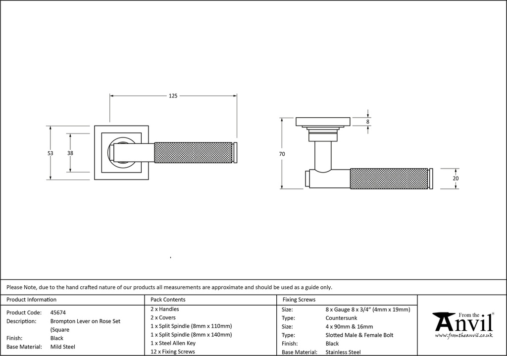 Black Brompton Lever on Rose Set (Square) - 45674 - Technical Drawing