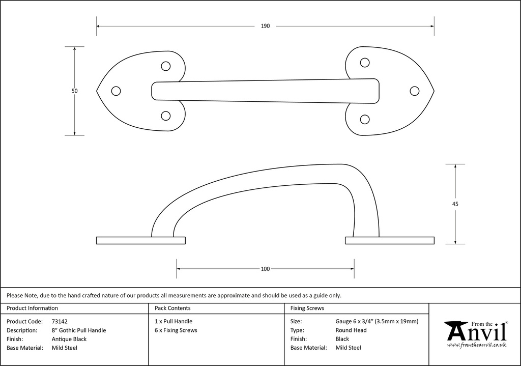 Black Cast 8&quot; Gothic Pull Handle - 73142 - Technical Drawing