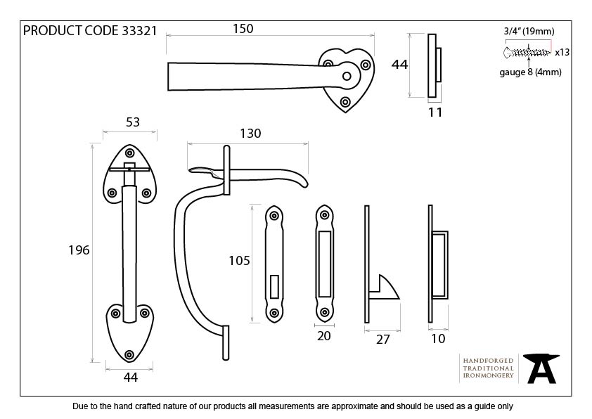 Black Cast Thumblatch Set with Chain - 33321 - Technical Drawing