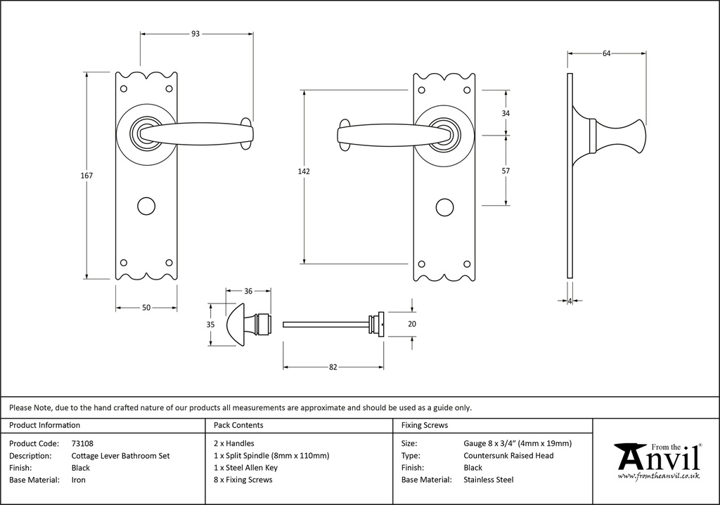 Black Cottage Lever Bathroom Set - 73108 - Technical Drawing