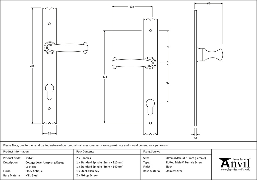 Black Cottage Lever Espag. Lock Set - 73143 - Technical Drawing